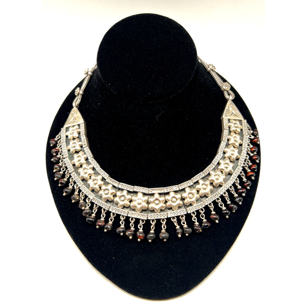Signed ILARIA Heavy Sterling Silver Panel STATEMENT Necklace Red Coral Beads